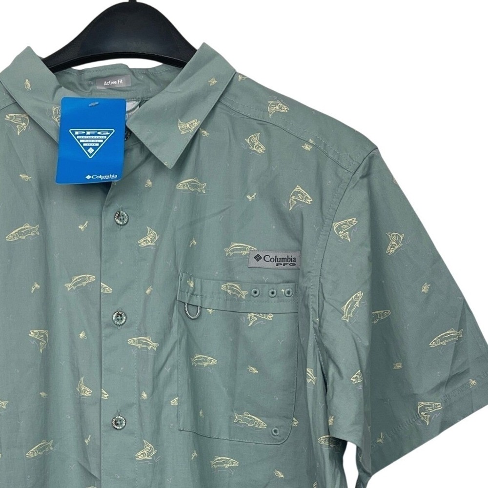NEW Columbia PFG Trout Fish Print Chemise Wild Cast Camp Shirt Mens M Green $50